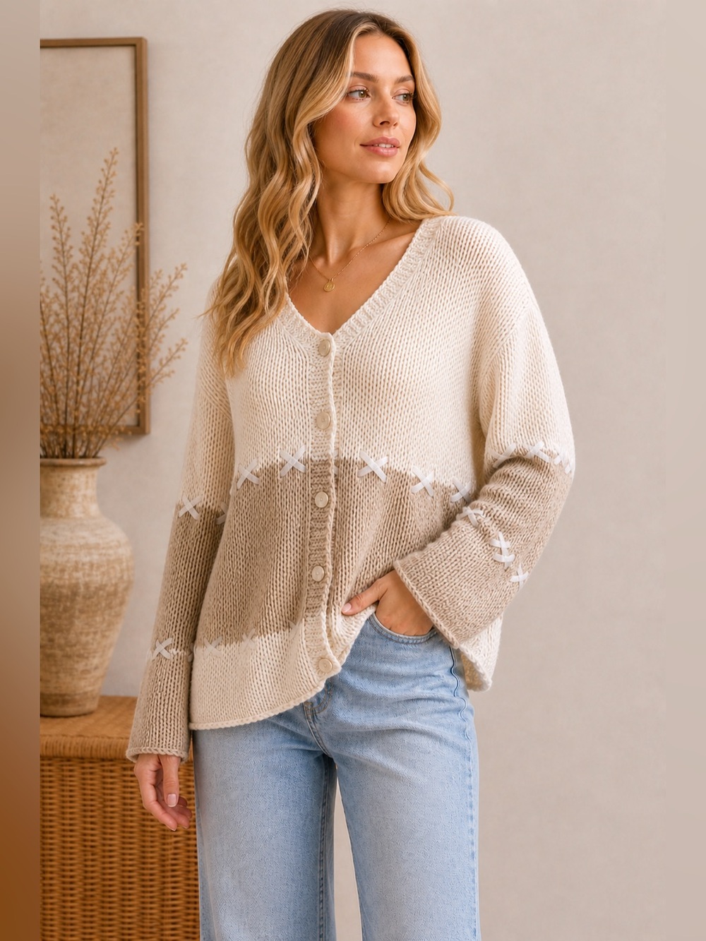 Pure Handknit 100% Cotton Ombre Cardigan Sweater L/XL Boho Cottagecore